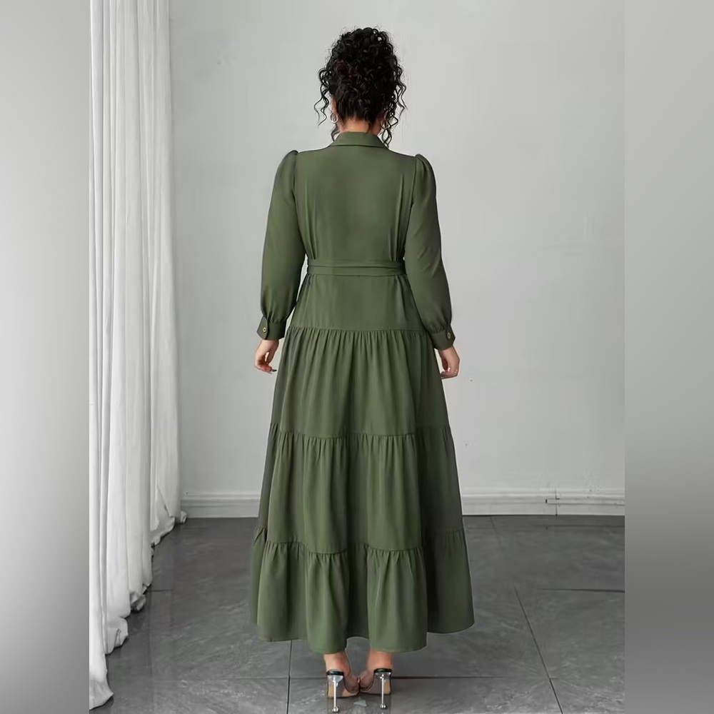 Elegant Green Belted Dress - Picture 2 of 3